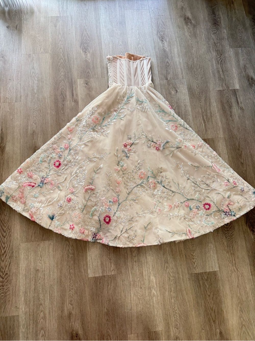 helsi tan cream & pink 3d floral applique sequin strapless maxi gown dress XS - Picture 3 of 5
